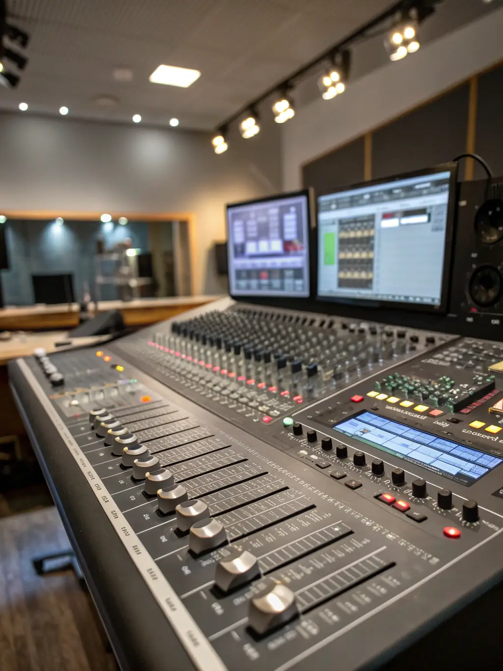 A detailed shot of a modern synthesizer with glowing LED lights and multiple knobs and sliders, set in a studio environment with acoustic panels.