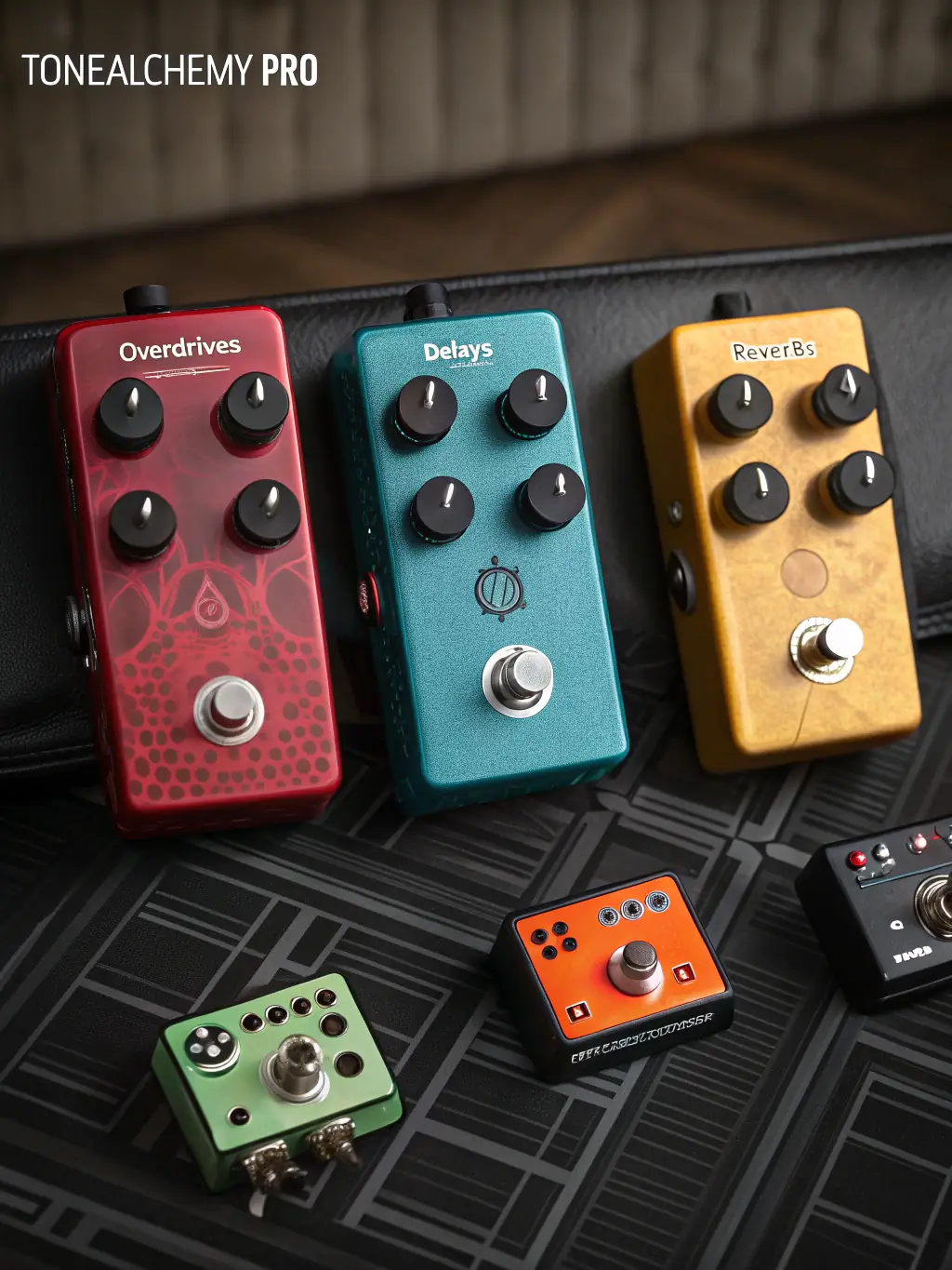 A vibrant image of a collection of colorful guitar effects pedals arranged on a pedalboard, connected with patch cables and ready for experimentation.