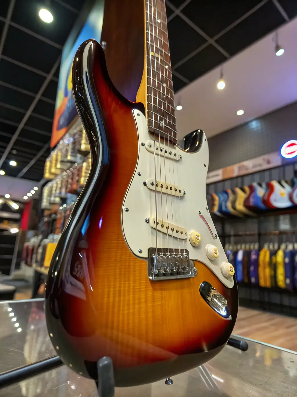 A high-quality photo of a vintage electric guitar with a sunburst finish, displayed on a stand in a dimly lit room, emphasizing its classic design and warm tones.