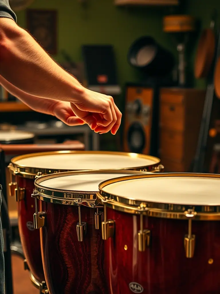 A close-up image of a set of high-end drum cymbals, polished and gleaming under studio lights, showcasing their intricate hammering patterns and brilliant finish.