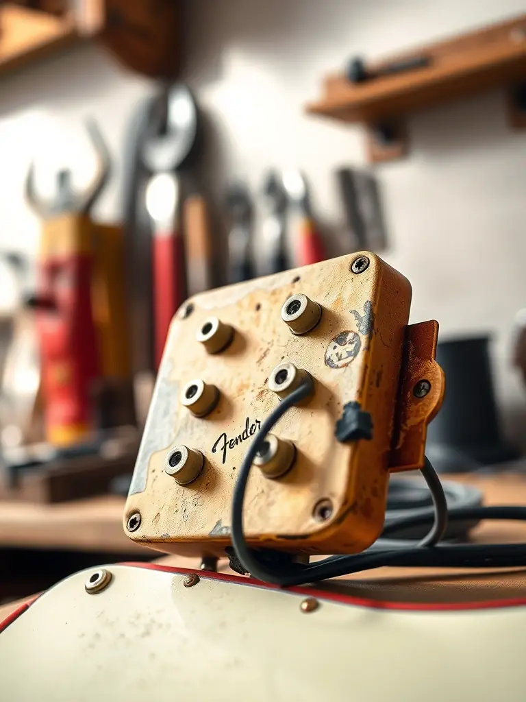 A close-up shot of a vintage Fender Stratocaster guitar, showcasing its iconic body shape and worn finish, set against a blurred background of a music studio.