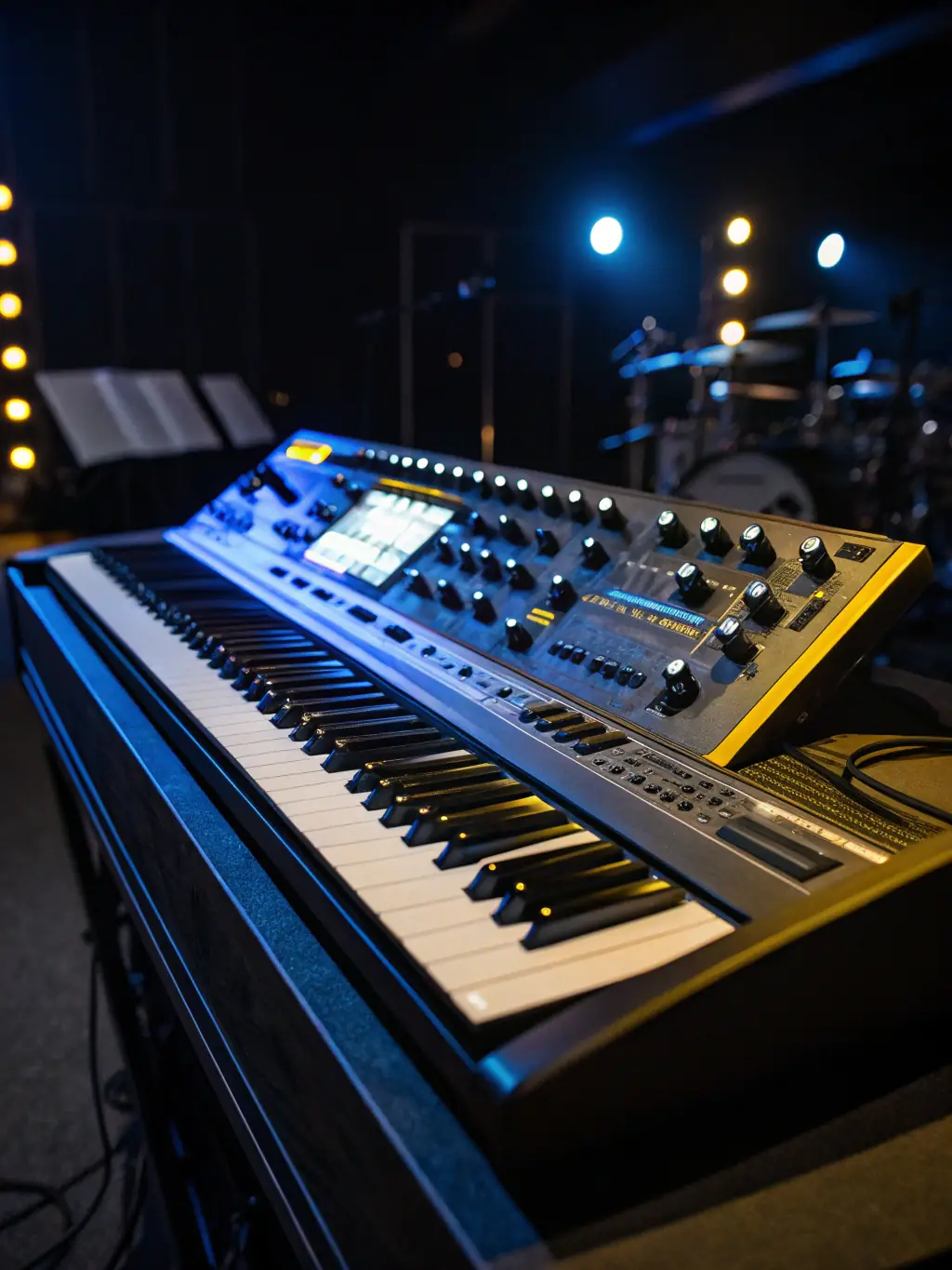 A high-resolution image of a modern Moog synthesizer, highlighting its complex array of knobs, buttons, and displays, set in a dimly lit electronic music studio.