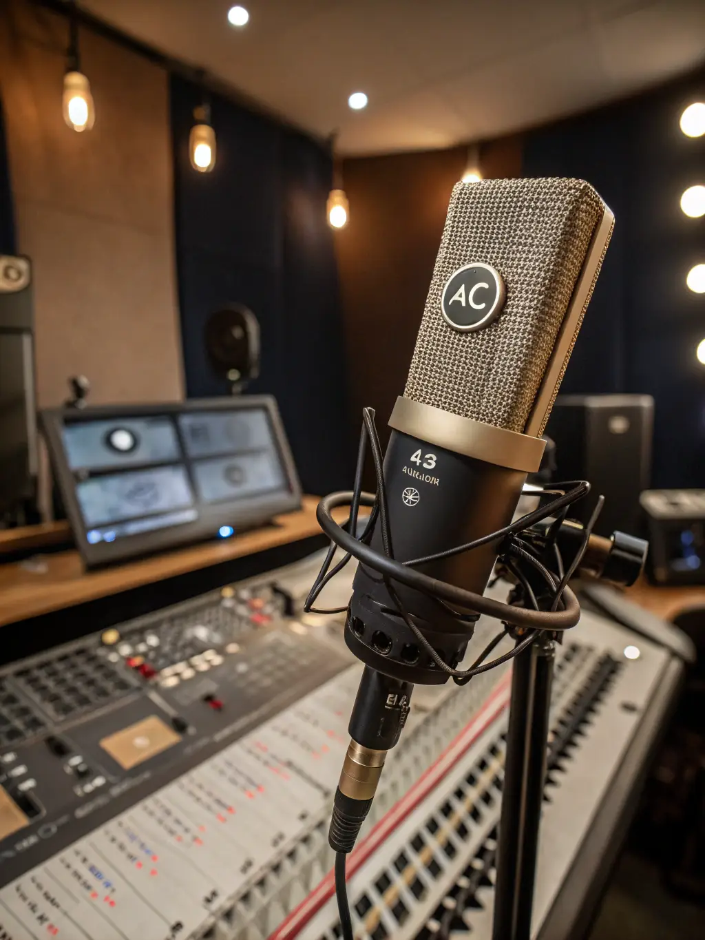 An image of a professional-grade condenser microphone in a recording studio, capturing the essence of pristine audio quality and clarity.