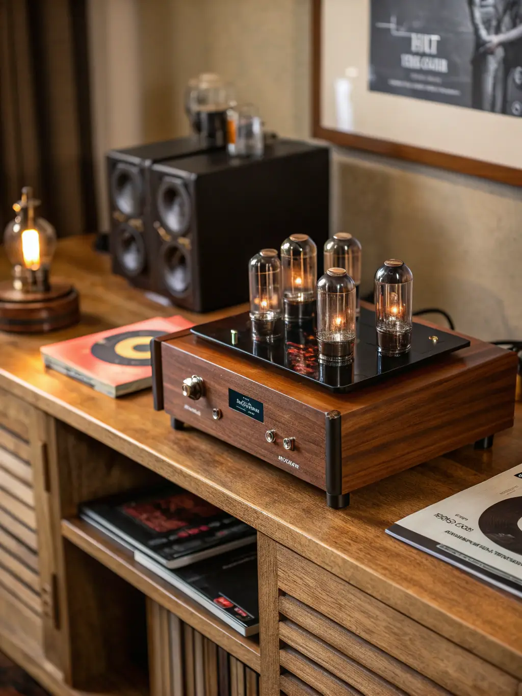 A high-quality image of a vintage tube amplifier, glowing warmly in a dimly lit studio setting, showcasing its classic design and powerful sound.