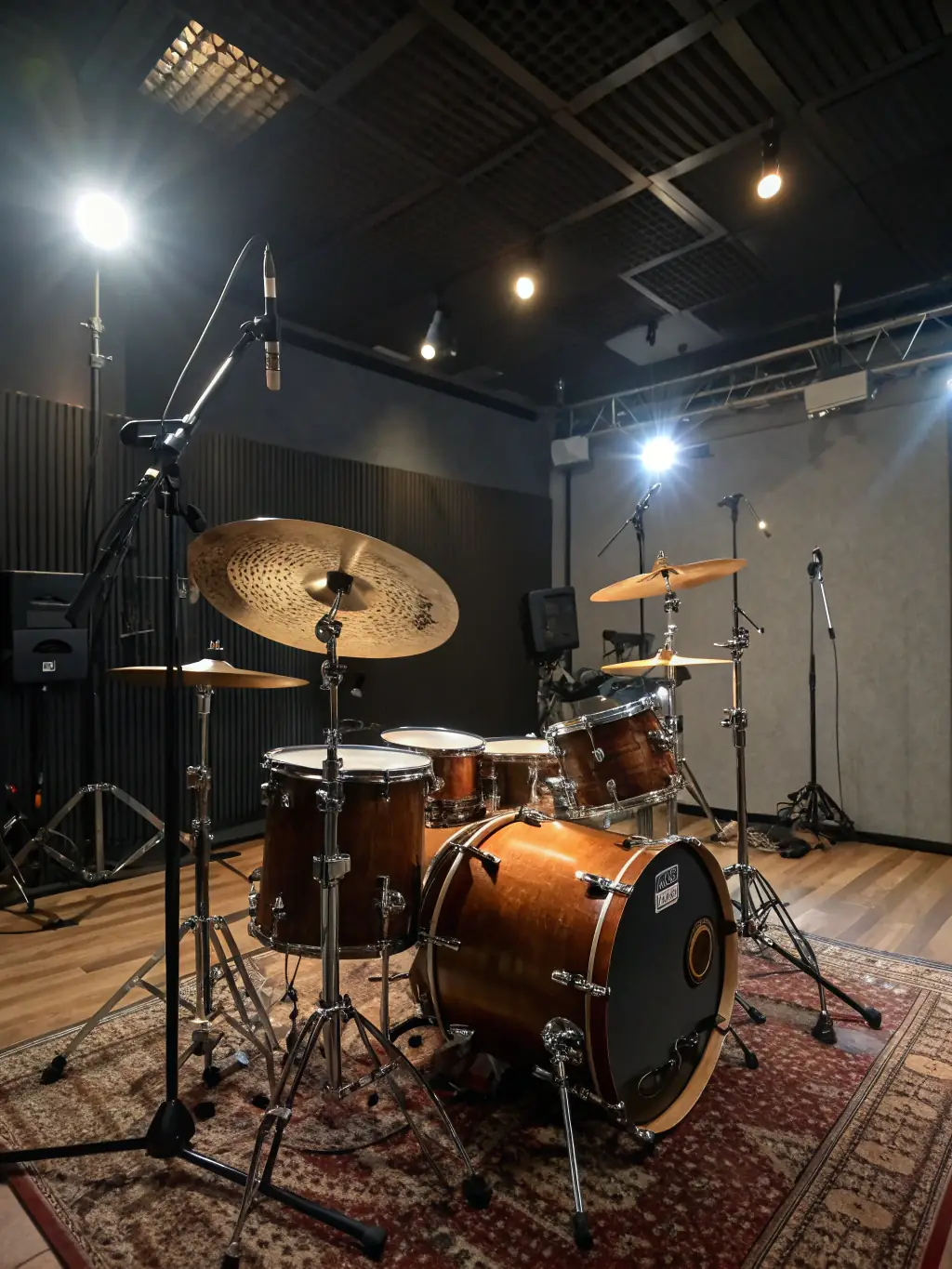 A detailed photograph of a set of Zildjian cymbals, capturing their shimmering surfaces and intricate hammering patterns, arranged on a drum kit in a professional recording studio.